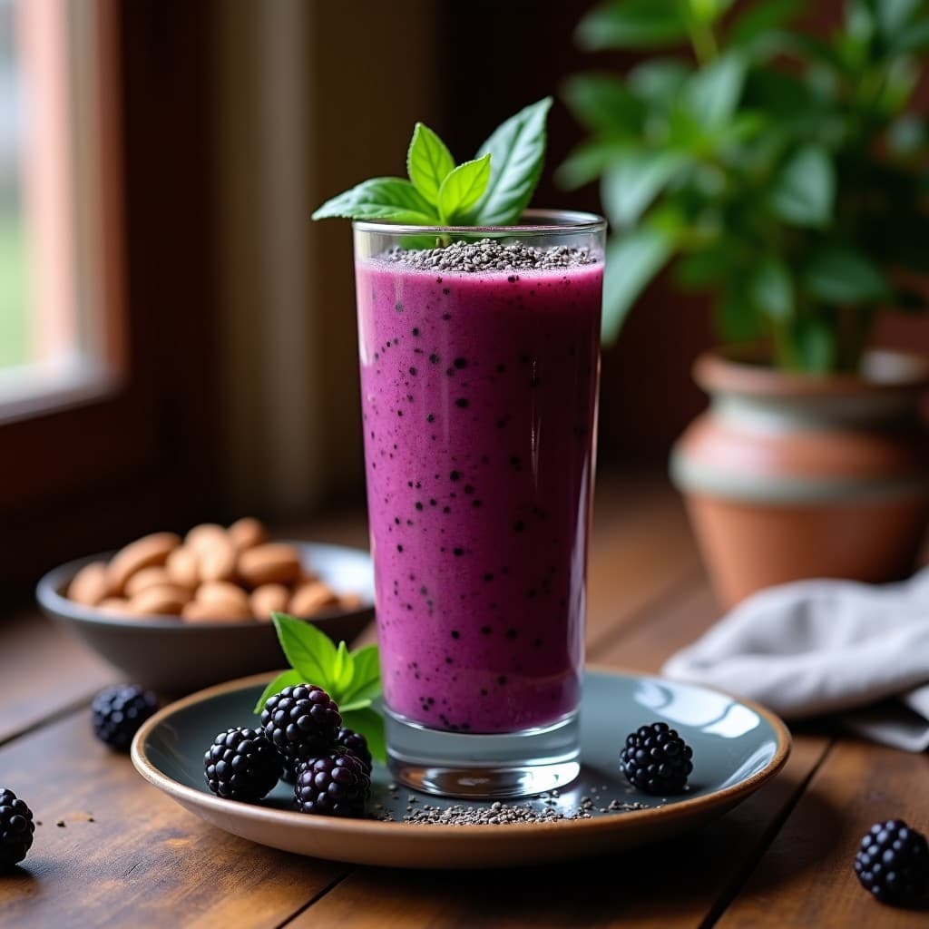 Vaso alto de cristal con smoothie morado intenso de zarzamora y romerito, coronado con semillas de chía y hojas de romerito fresco, sobre una mesa rústica de madera con zarzamoras esparcidas y un fondo desenfocado de cocina mexicana.