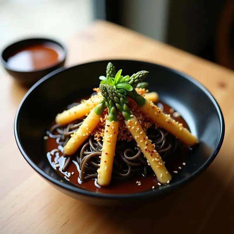 Bol hondo de cerámica negra con fideos soba de alforfón color marrón oscuro, tempura de espárragos verdes dorados y crujientes, bañados en salsa ponzu brillante. Decorado con semillas de sésamo, cebollino picado y copos de chile rojo. Plato japonés sin gluten, saludable y elegante.