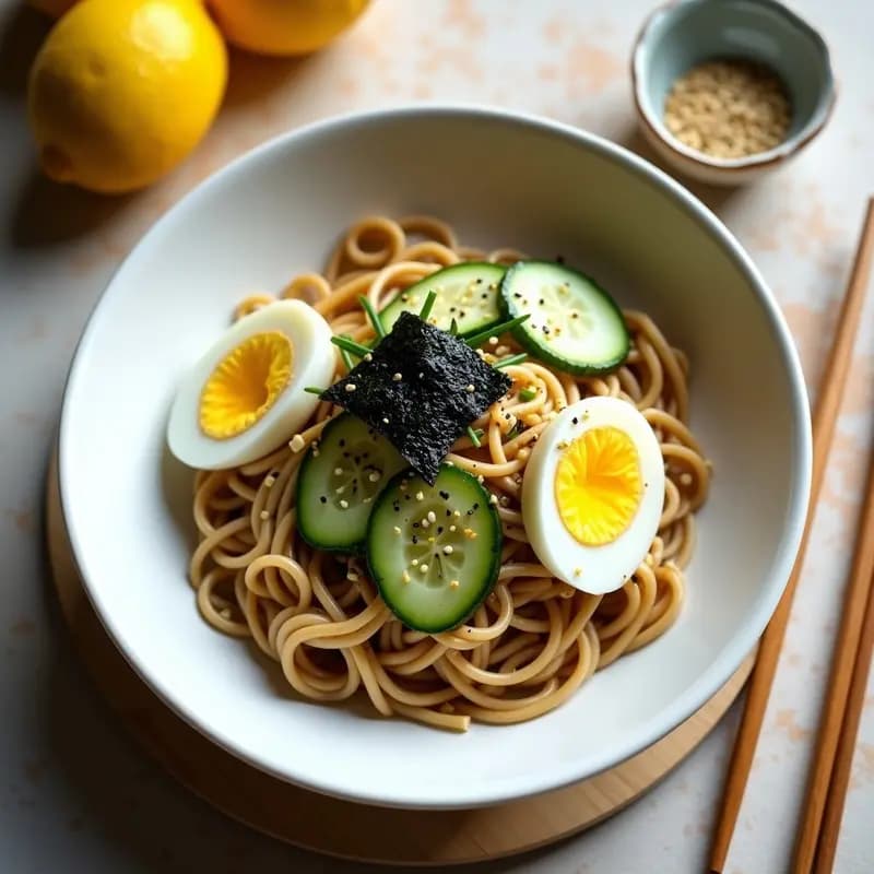 Plato hondo de cerámica blanca con soba fría low-carb, fideos de trigo sarraceno bañados en aderezo de limón y sésamo, decorados con yemas de huevo cocidas, pepino en juliana, cebollino, semillas de sésamo negro y blanco, y tiras de alga nori. Fondo minimalista con limones y semillas de sésamo esparcidas.