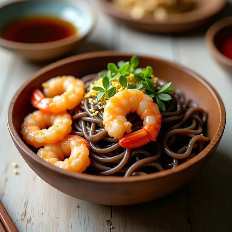 Cuenco de cerámica negra con fideos soba integrales fríos, tempura de camarones dorados y crujientes sobre ellos, bañados en salsa tentsuyu oscura. Decorado con cebollino picado, semillas de sésamo y ralladura de limón. Fondo minimalista con palillos de madera.