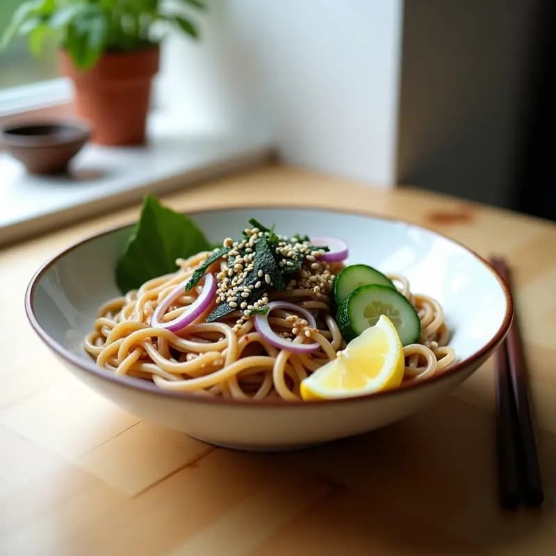 Bowl de soba de trigo sarraceno fría con fideos grises oscuros, tiras de pepino verde, semillas de sésamo negro y blanco, algas nori y decoración de cebollino, sobre fondo de madera clara.