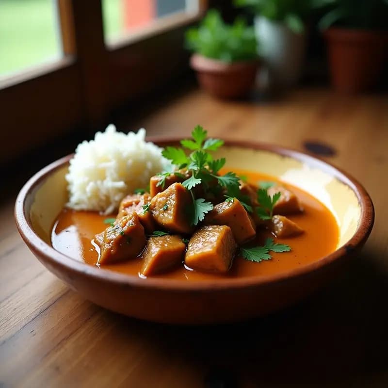 Plato hondo de barro con sobrebarriga de res estofada en salsa dorada de cítricos y hierbas, acompañada de rodajas de zanahoria y apio, decorada con cilantro fresco. Receta colombiana alta en proteína.