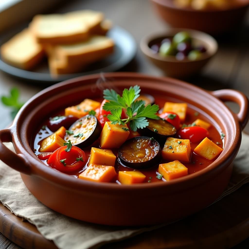 Cazuela de barro humeante con sofrito de tofu dorado, pimientos asados en tiras rojas y verdes, berenjena en cubos y tomate, decorado con perejil fresco. Receta vegana al estilo andaluz.