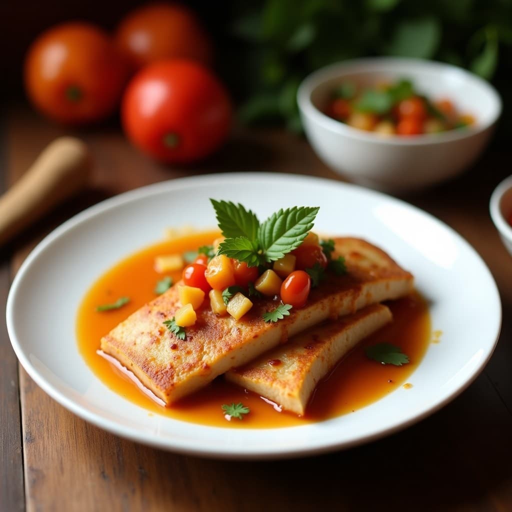 Plato hondo de barro con Solar de Cerdo en salsa espesa de guayaba y chile de árbol, trozos de cerdo dorados bañados en salsa brillante, acompañado de arroz blanco y tortillas de maíz, decorado con semillas de granada y cilantro fresco.