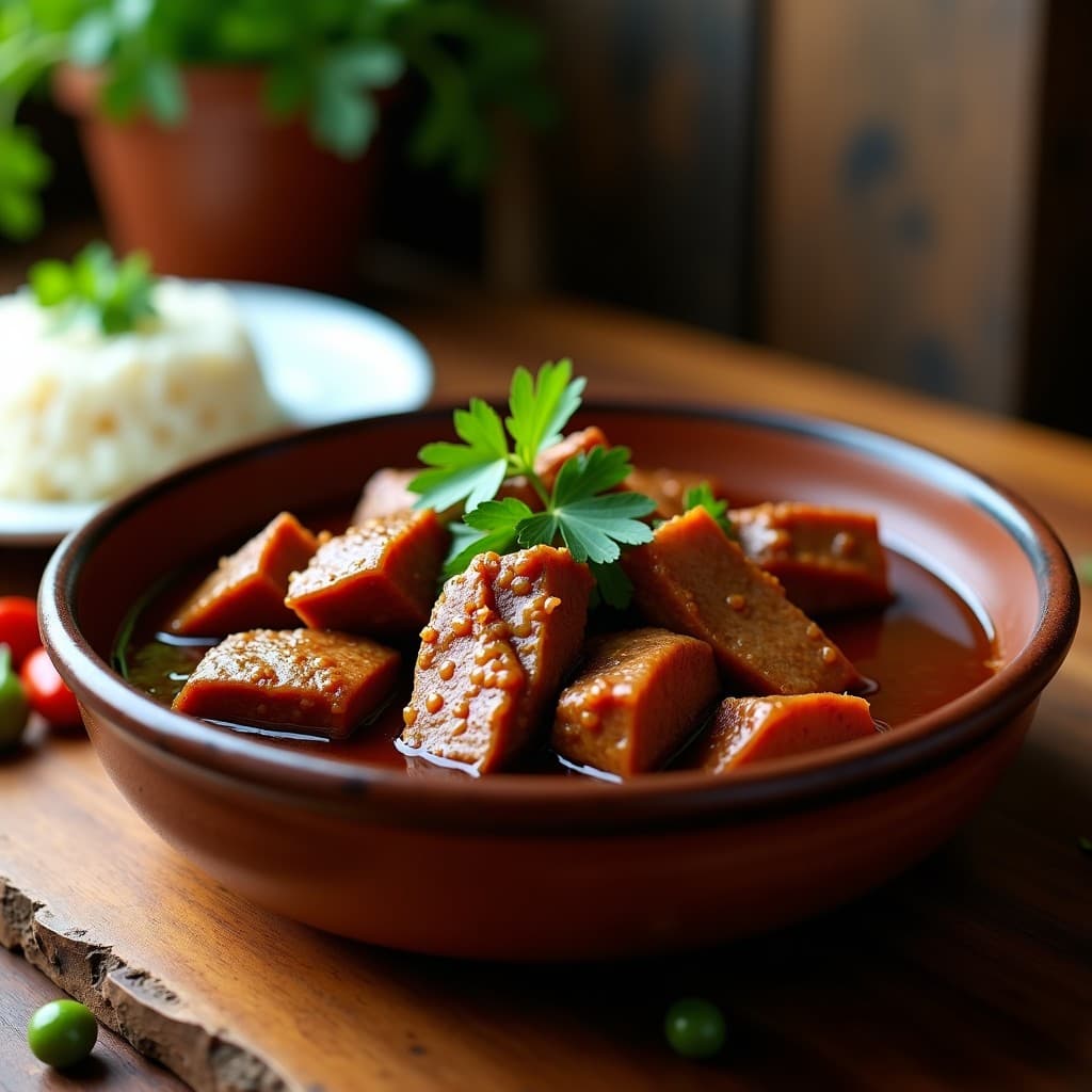 Plato hondo de barro con solomillo de cerdo en trozos grandes, bañado en una salsa oscura y brillante de cerveza negra y especias, acompañado de arroz blanco y decorado con cilantro fresco. Receta colombiana en olla lenta.