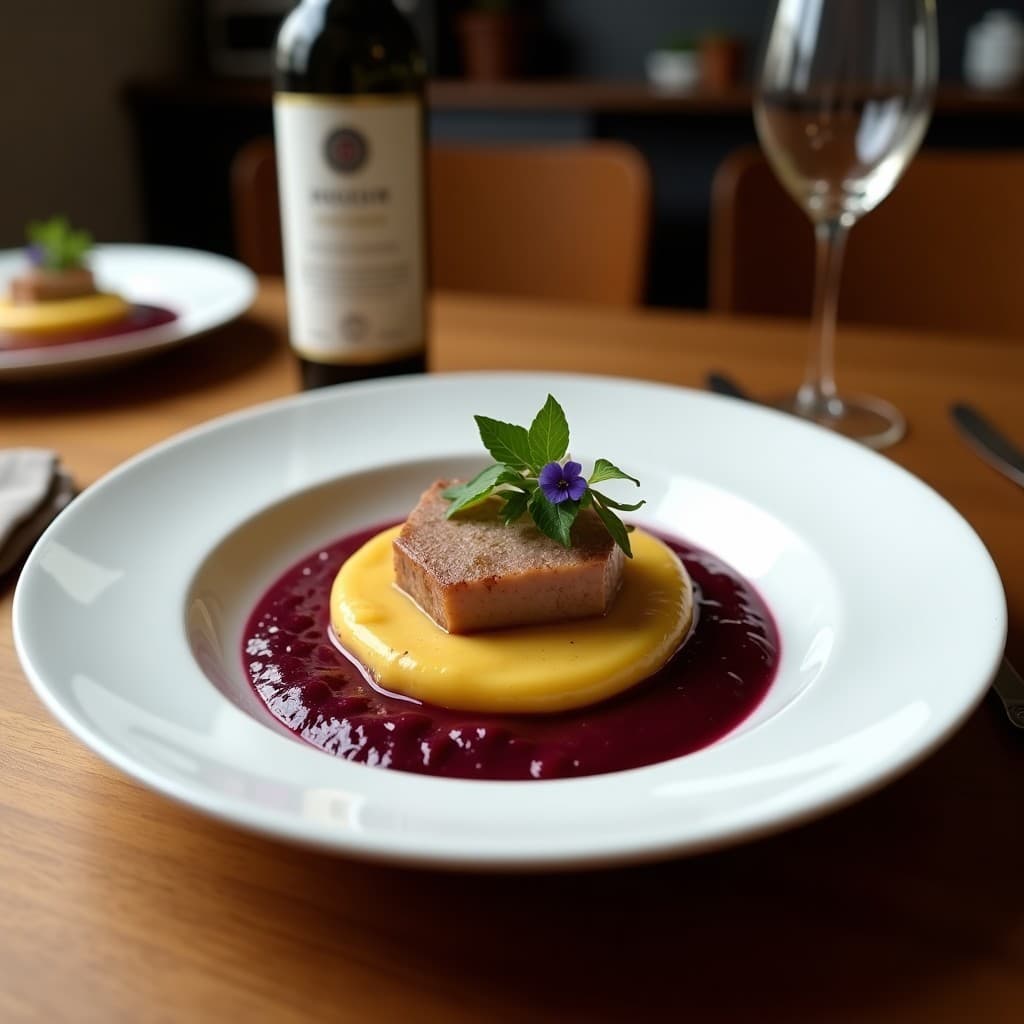 Plato elegante con medallones de solomillo de cerdo marinado en miso, dorados y jugosos, sobre un puré de batata morada vibrante y sedoso. Decorado con semillas de sésamo negro y cebollino fresco, servido en un plato de cerámica oscura con fondo minimalista.