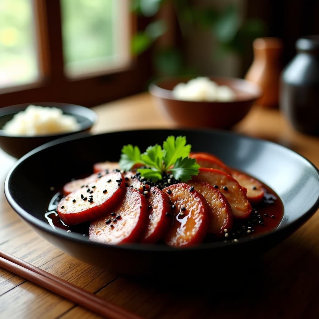Plato hondo de cerámica negra con rodajas de solomillo de cerdo glaseado en salsa de ciruela y jengibre, decorado con semillas de sésamo negro y cilantro fresco. Receta china en olla lenta dulce-salada.