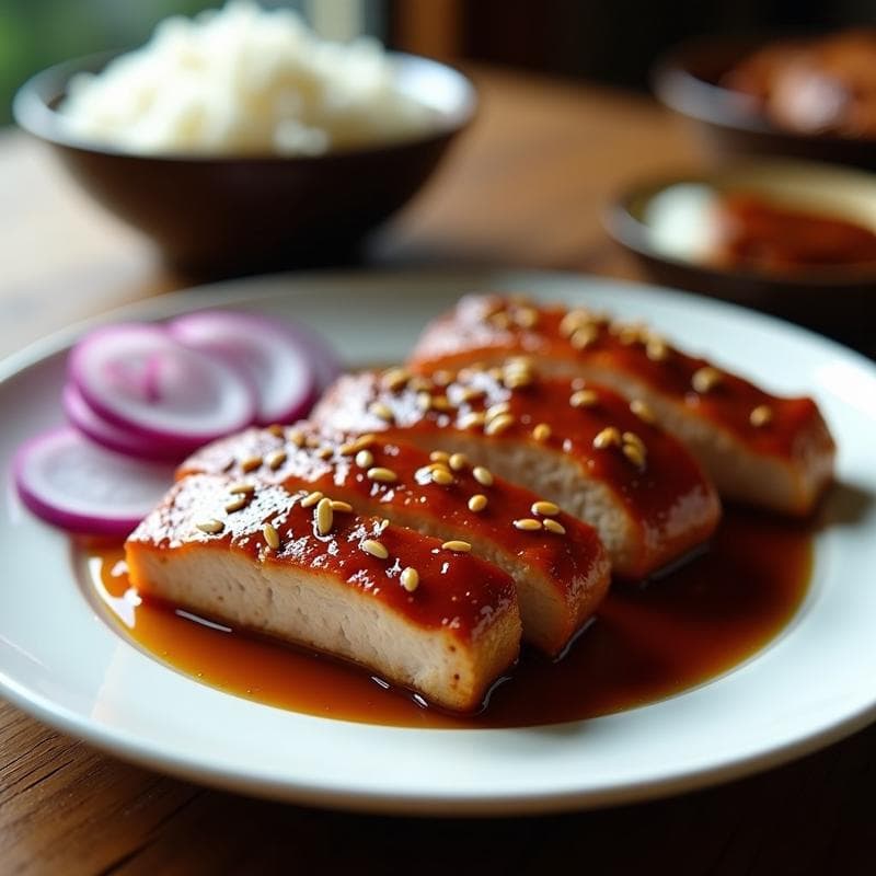 Plato de solomillo de cerdo marinado en salsa teriyaki casera, cocinado en airfryer, con trozos dorados y glaseados, acompañado de cebolla morada en juliana y semillas de sésamo tostadas, servido sobre un lecho de arroz blanco.
