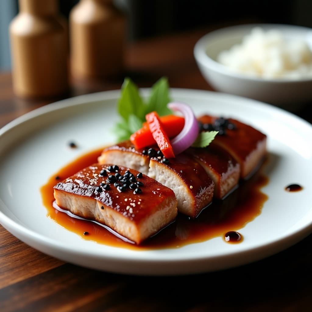 Plato hondo de cerámica negra con medallones de solomillo de cerdo glaseados en salsa oscura de ciruelas umeboshi, decorados con semillas de sésamo y hojas de shiso. Acompañado de arroz blanco y cebolla morada caramelizada. Receta japonesa en olla express.
