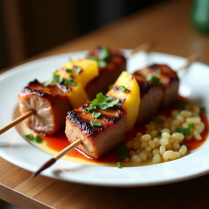 Brochetas doradas de solomillo ibérico y piña grillada sobre una parrilla humeante, con trozos de pimiento rojo y cebolla morada, receta gourmet rápida.