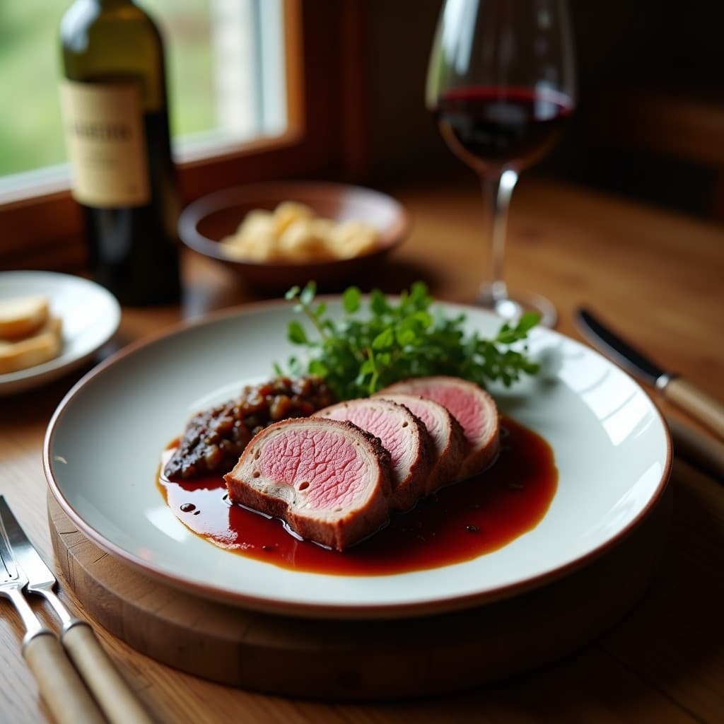 Solomillo ibérico en rodajas gruesas sobre tabla de madera oscura, con salsa de vino tinto reducido brillante, decorado con ramitas de romero fresco. Plato elegante para receta de solomillo marinado 24 horas.