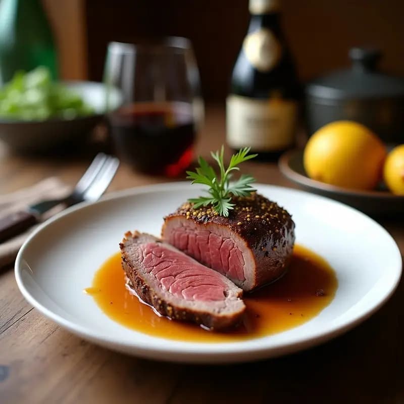 Solomillo ibérico en rodajas sobre tabla de madera, dorado y glaseado con miel, espolvoreado con zaatar y decorado con ramitas de tomillo fresco.