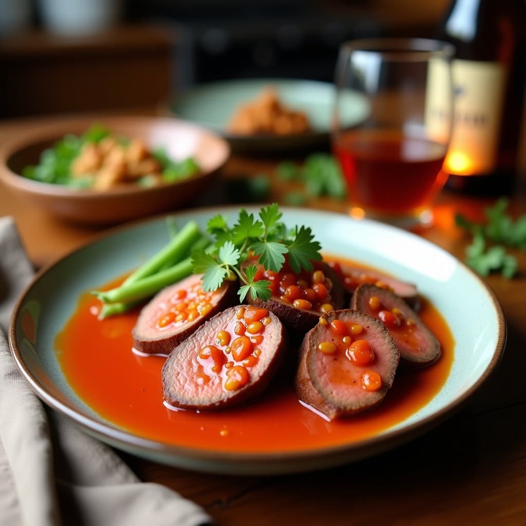 Plato blanco con solomillo de ternera en rodajas glaseadas con salsa gochujang, acompañadas de cebolla morada y pimiento rojo asado en airfryer. Decorado con semillas de sésamo negro y un chorrito de aceite de sésamo, receta coreana picante y dulce.