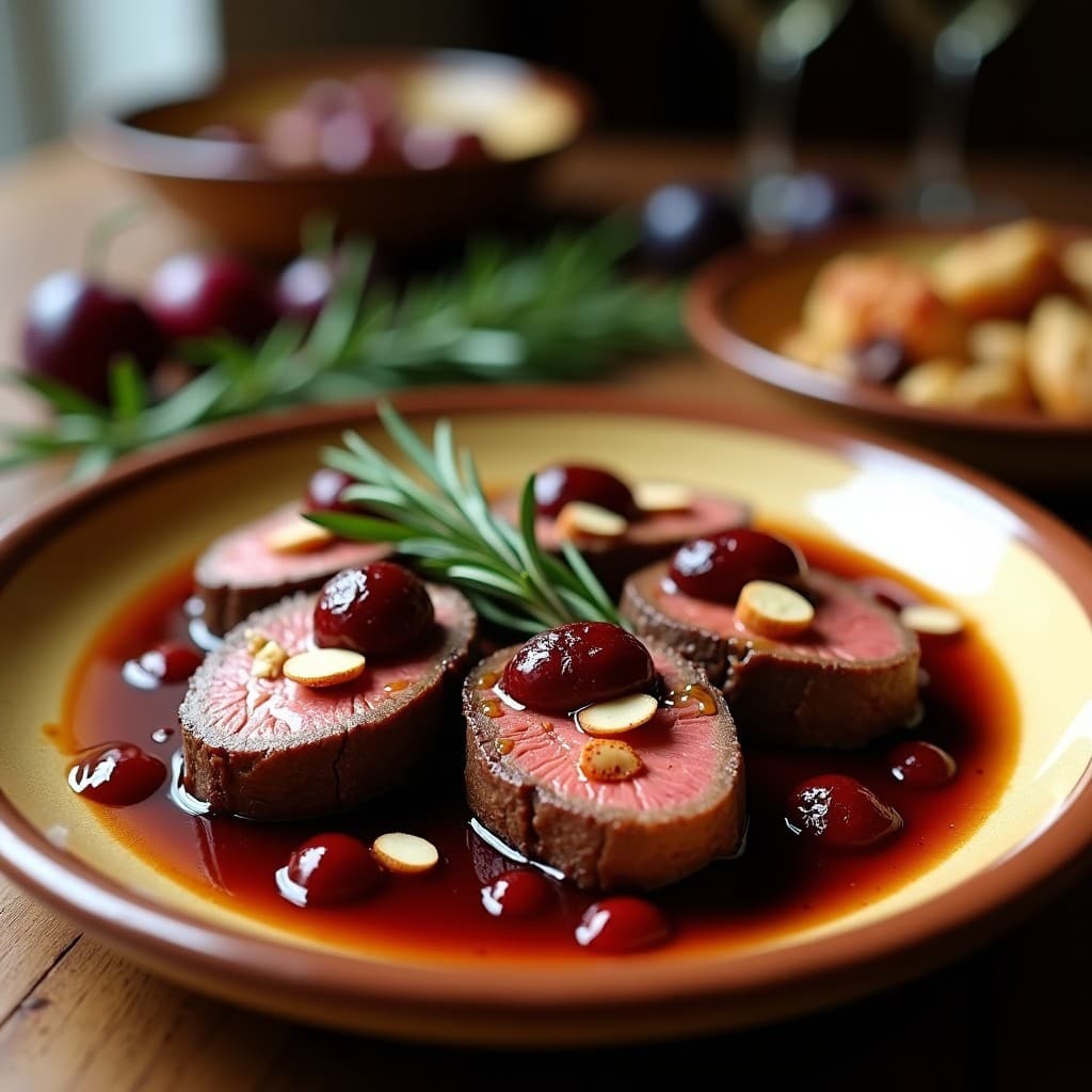 Plato de solomillo de ternera en medallones dorados, bañado en una salsa espesa de ciruelas pasas y romero, con almendras fileteadas y ramitas de romero fresco como decoración. Receta española en olla exprés, servido en un plato de barro rústico.