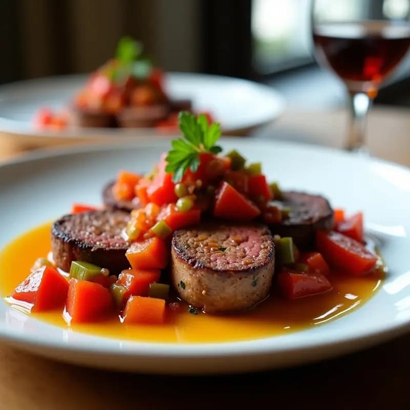 Plato blanco elegante con medallones de solomillo de ternera dorados, cubiertos con salsa ojo de gallo de colores vibrantes (rojo, verde y morado), decorado con perejil fresco.