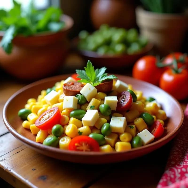 Solterito de Queso y Chorizo: ensalada peruana festiva en bol de cerámica con maíz amarillo, habas, queso fresco, chorizo dorado, tomates cherry, huevo duro y cilantro, bañada en vinagreta amarilla.