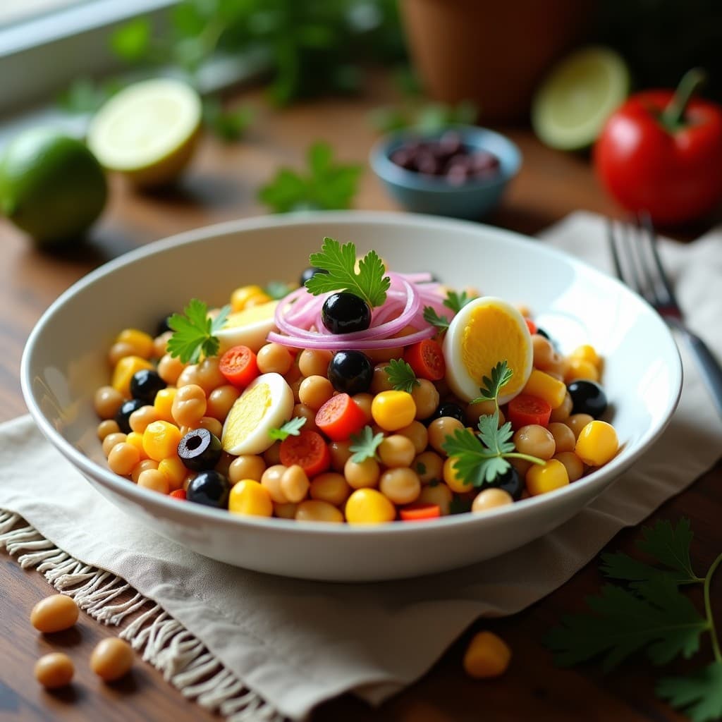 Ensalada colorida de solteritos peruanos con garbanzos, maíz, habas, zanahoria, papa, huevo y aceitunas, servida en plato blanco sobre fondo rústico.
