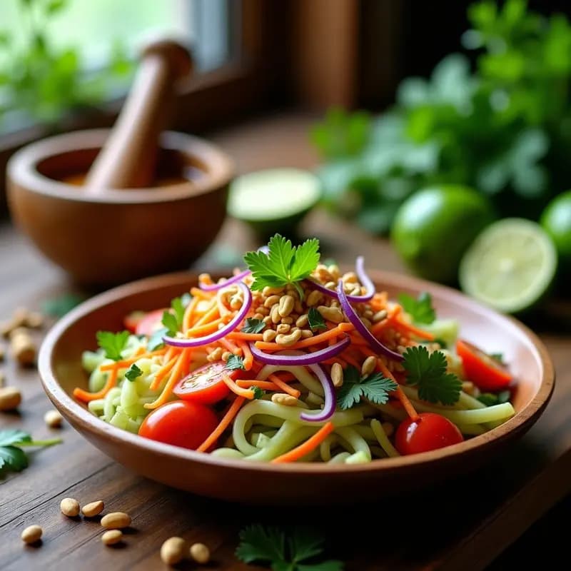Plato hondo de cerámica blanca con Som Tam tailandés: ensalada de papaya verde en juliana, zanahoria, judías verdes y tomates cherry, coronada con cacahuetes tostados picados y cilantro fresco. Rodaja de lima al lado y fondo de hojas de lechuga.