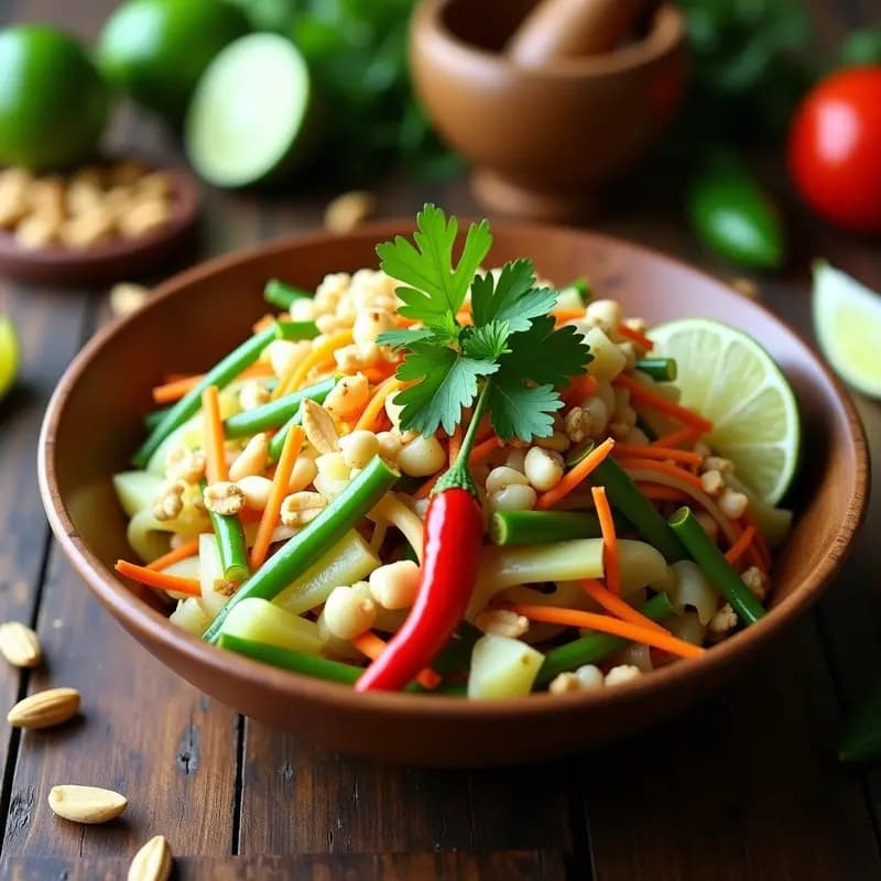 Ensalada tailandesa Som Tam keto en bol de madera, con papaya verde en juliana, corazón de palmito picado, zanahoria rallada, cacahuetes tostados y hierbas frescas, bañada en vinagreta de lima y decorada con cilantro.