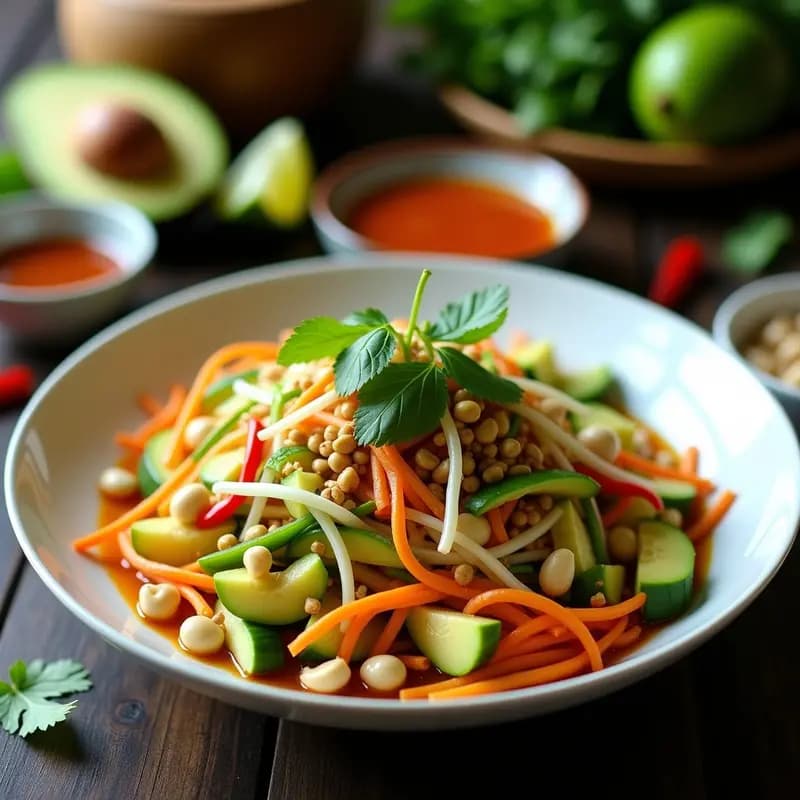 Bol de madera rústico con Som Tam Tailandés de Mango Verde: ensalada picante y crudivegana, decorada con cacahuetes tostados, hierba limón y rodajas de lima sobre fondo oscuro.
