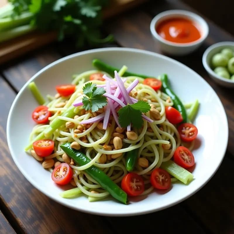 Ensalada Som Tum Tailandés con papaya verde en juliana, judías verdes, tomates cherry, cacahuetes tostados y cilantro fresco, servida en un bol de cerámica blanca sobre fondo de madera rústica.