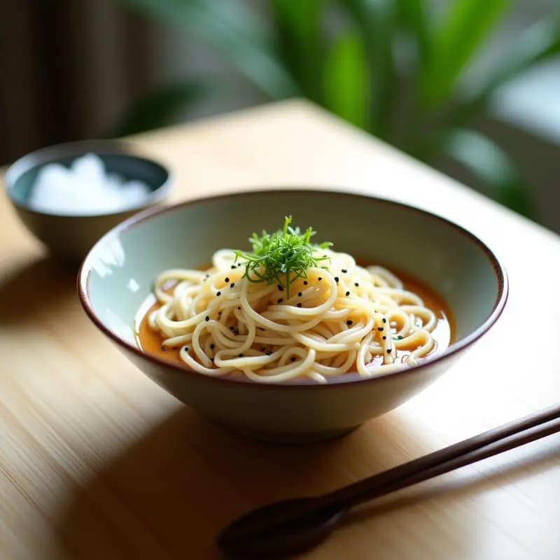 Plato de porcelana blanca con fideos somen fríos y finos, bañados en una salsa cremosa de sésamo y miso, decorados con semillas de sésamo tostadas y cebollino picado. Al fondo, un bol con agua y hielo para enfriar los fideos. Receta de Somen Nagashi para verano.