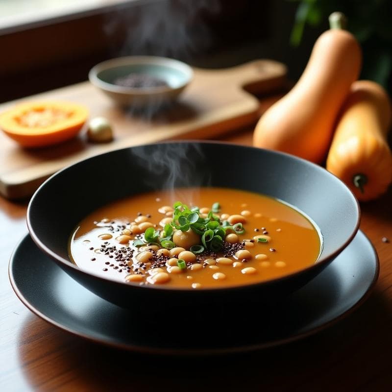 Cuenco de cerámica negra con sopa espesa de frijoles adzuki y calabaza butternut, decorada con semillas de sésamo negro, cebollino fresco y un toque de pimienta shichimi togarashi. Fondo borroso con ingredientes crudos: jengibre, calabaza y alga kombu sobre tabla de madera oscura.