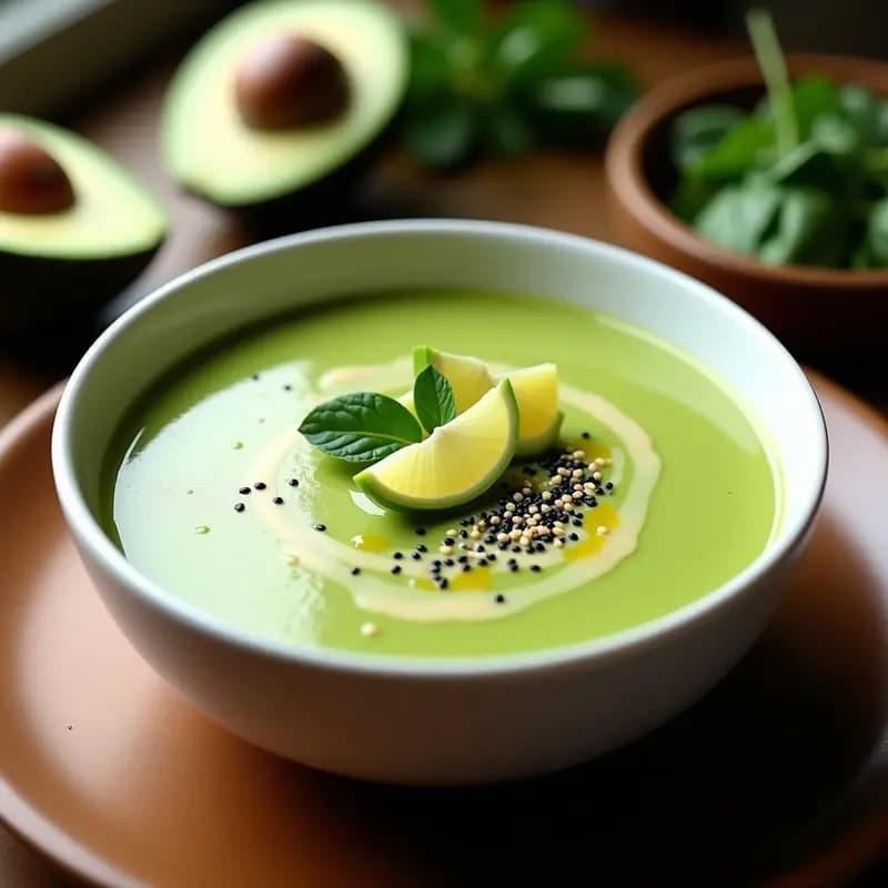 Cuenco blanco con sopa cremosa de aguacate y espinacas, coronada con espuma verde de lima, decorada con semillas de sésamo y trozos de aguacate fresco, receta peruana keto en Thermomix.