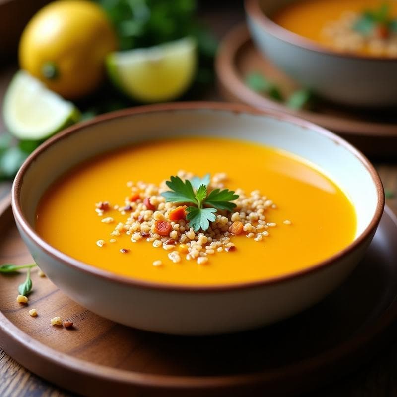 Cuenco hondo de cerámica blanca con sopa cremosa de color naranja intenso, coronada con quinoa inflada crujiente y hojas de cilantro fresco. Al fondo, una cucharada de pasta de ají amarillo y una rodaja de limón sobre una mesa de madera rústica.