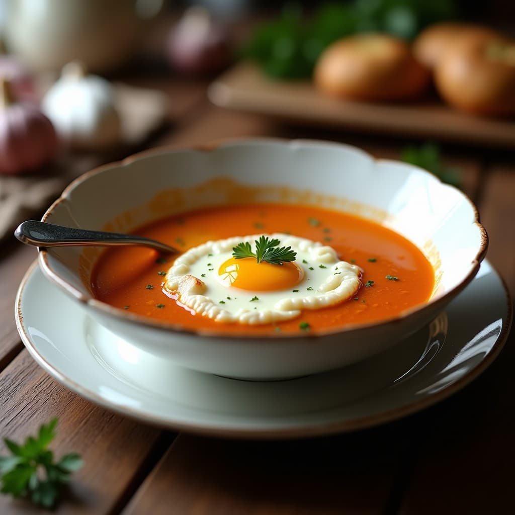 Cuenco de cerámica blanca con sopa de ajo rojo sevillano espesa, huevo escalfado en el centro y perejil fresco espolvoreado, receta airfryer.