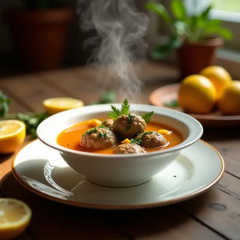 Plato hondo de cerámica blanca con sopa de albóndigas de cordero en caldo dorado, trozos de limón confitado y perejil fresco espolvoreado. Receta marroquí tradicional en Thermomix.