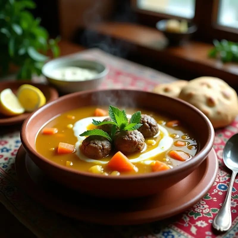 Sopa espesa iraní en cuenco de barro con albóndigas de cordero, yogur cremoso y hojas de menta fresca, acompañada de pan naan y rodajas de limón.
