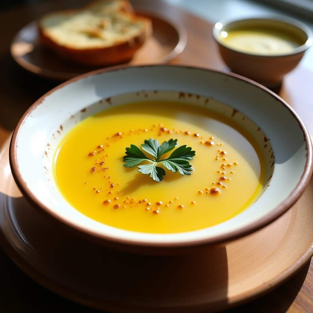 Cuenco de barro blanco con sopa de alcachofas y cúrcuma depurativa, color dorado vibrante, decorada con perejil fresco y un hilo de aceite de oliva virgen extra. Fondo rústico con pan de campo tostado.