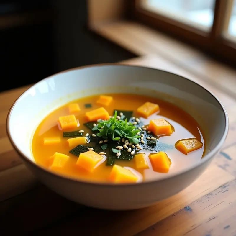 Cuenco hondo de cerámica blanca con sopa de algas wakame y calabaza kabocha, caldo dorado con trozos de calabaza naranja, algas verdes y decoración de semillas de sésamo y cebollino picado. Fondo de madera rústica.