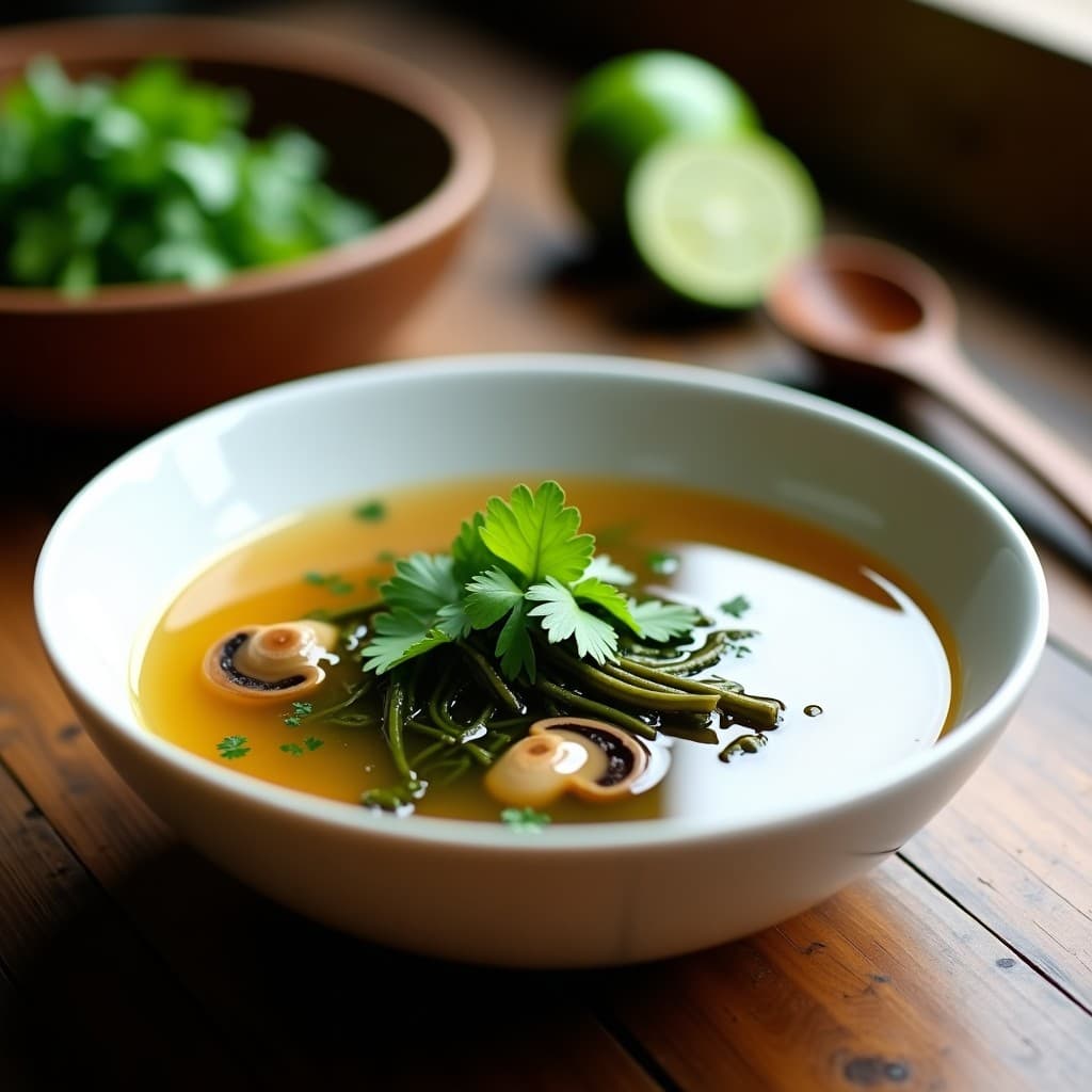 Cuenco hondo de cerámica blanca con sopa de algas wakame de color verde oscuro, champiñones shiitake, hojas de limón kaffir y cilantro fresco. Plato tailandés desintoxicante con toques cítricos, servido sobre una mesa de madera rústica con fondo borroso de hierbas frescas.