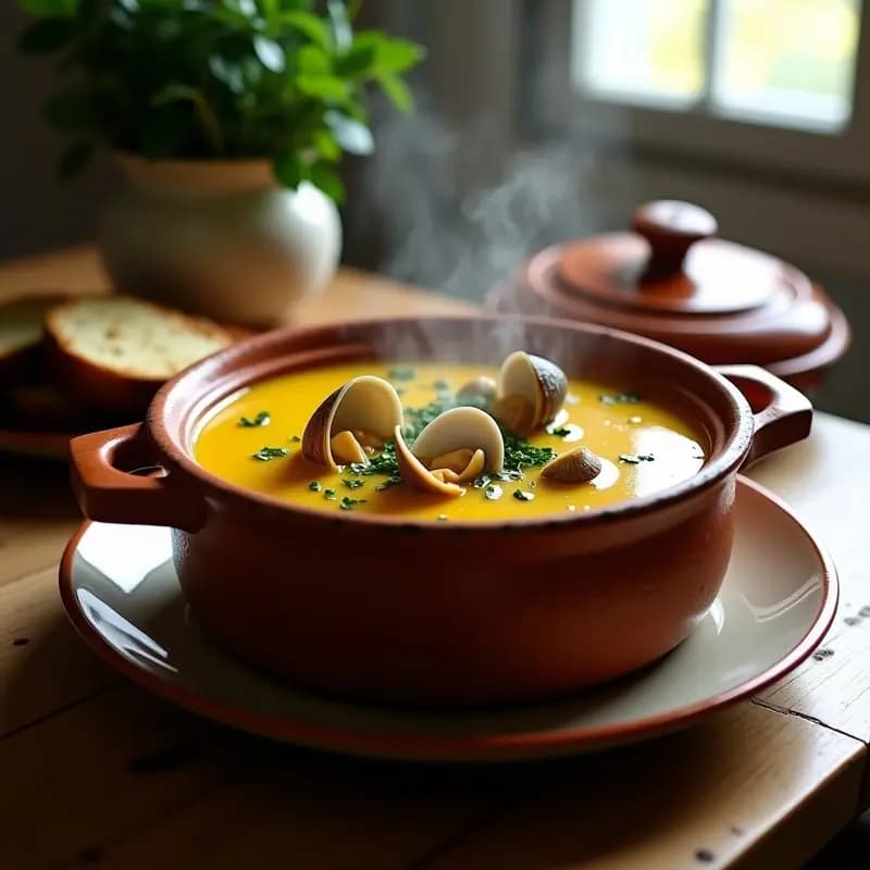 Olla de barro portuguesa con sopa de almejas y cúrcuma humeante, almejas abiertas, caldo dorado con especias, decorada con perejil fresco y rodajas de limón en un fondo rústico de madera.