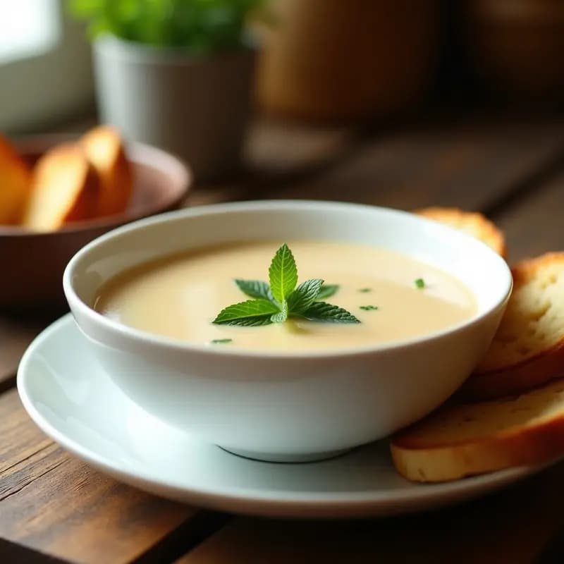 Cuenco de cerámica blanca con sopa de almendras andaluza fría, cremosa y de color beige claro, decorada con hojas de hierbabuena fresca y acompañada de rebanadas de pan tostado integral sobre una mesa rústica de madera con fondo de cocina tradicional.