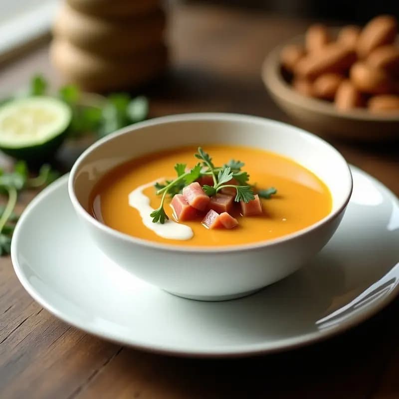 Cuenco blanco de cerámica con sopa de almendras fría andaluza, cremosa y de color beige claro, decorada con trocitos de manzana verde y almendras fileteadas. Al fondo, una rebanada de pan tostado y un chorrito de aceite de oliva virgen extra. Ambiente veraniego con luz natural.
