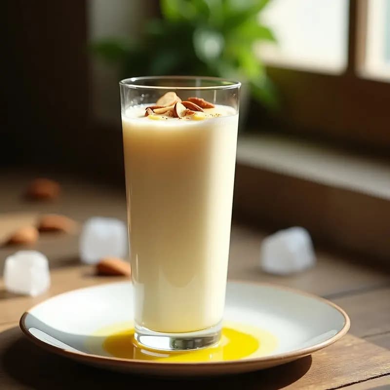 Vaso alto transparente con sopa de almendras helada andaluza, color crema claro, decorado con hojas de menta fresca y hielo picado, sobre fondo rústico de madera con almendras enteras alrededor.