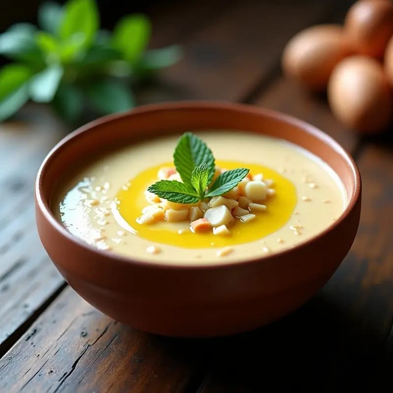 Cuenco de barro rústico con sopa de almendras con pollo fría, cremosa y de color beige claro, decorada con huevo duro picado, hojas de menta fresca y un hilo de aceite de oliva virgen extra sobre fondo de madera oscura.