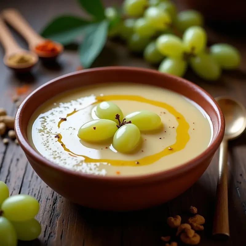 Cuenco de barro rústico con sopa de almendras toledana cremosa, decorada con uvas verdes y un hilo de aceite de oliva virgen extra, sobre fondo de madera oscura con especias medievales al lado.
