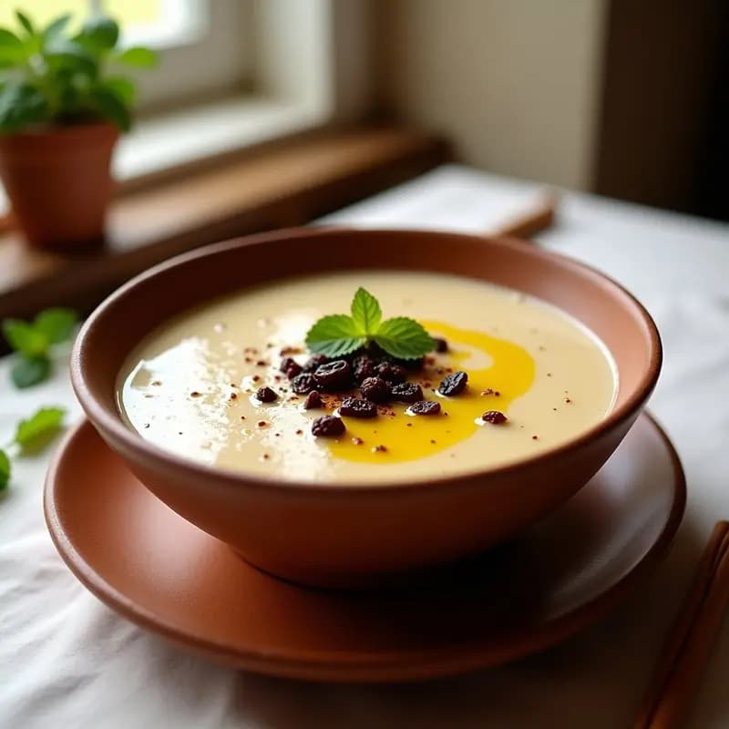 Cuenco de barro rústico con sopa fría de almendras, uvas pasas y canela, decorada con hilo de aceite de oliva virgen extra y uvas pasas. Plato refrescante andaluz en fondo de madera clara con hierbas aromáticas.