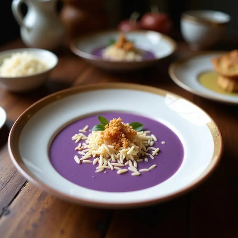 Cuenco hondo de cerámica negra con sopa de batata morada y leche de coco, de color púrpura intenso, decorada con crujiente de coco dorado y hojas de cilantro fresco. Plato tailandés vegano cremoso y reconfortante, servido con un hilo de leche de coco en espiral.