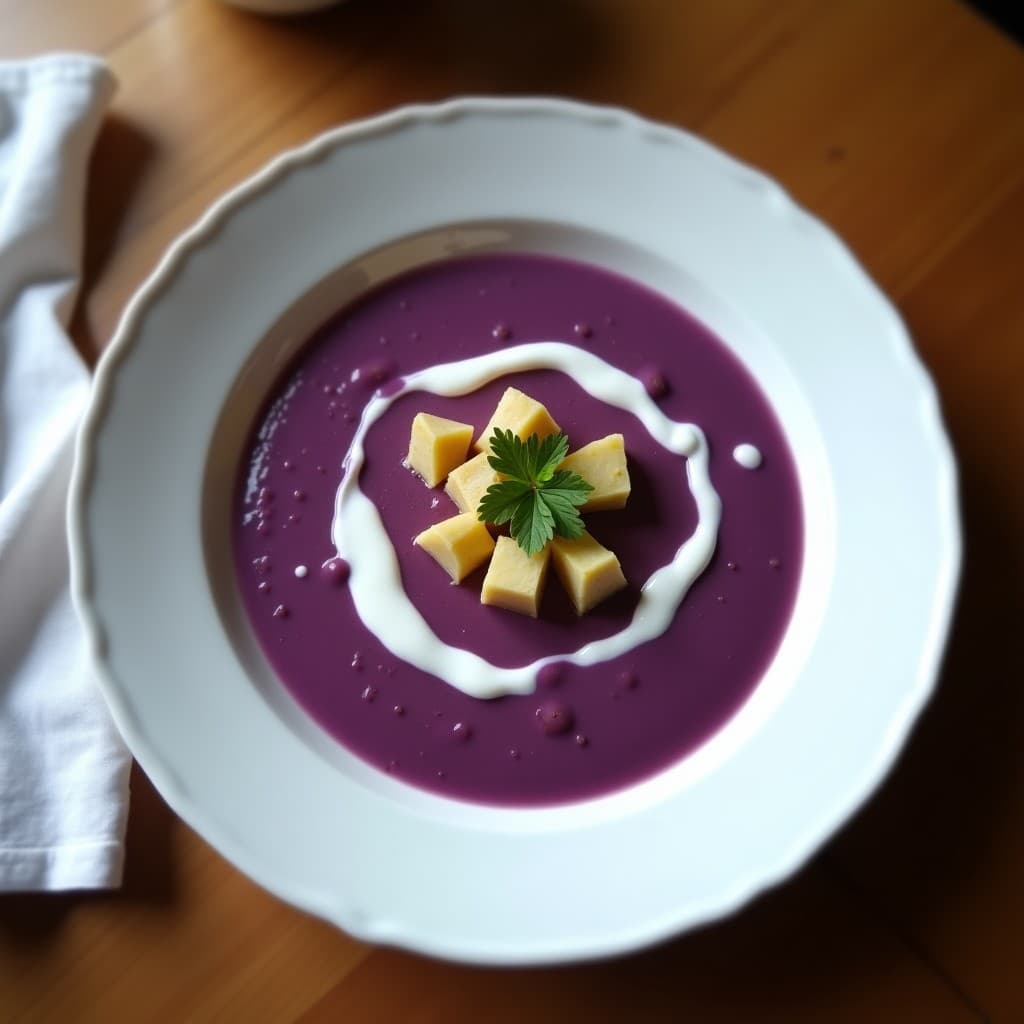Cuenco de cerámica blanca con sopa de batata morada y jengibre con crème de coco, decorada con cilantro fresco y un hilo de crème de coco, sobre fondo de madera rústica.