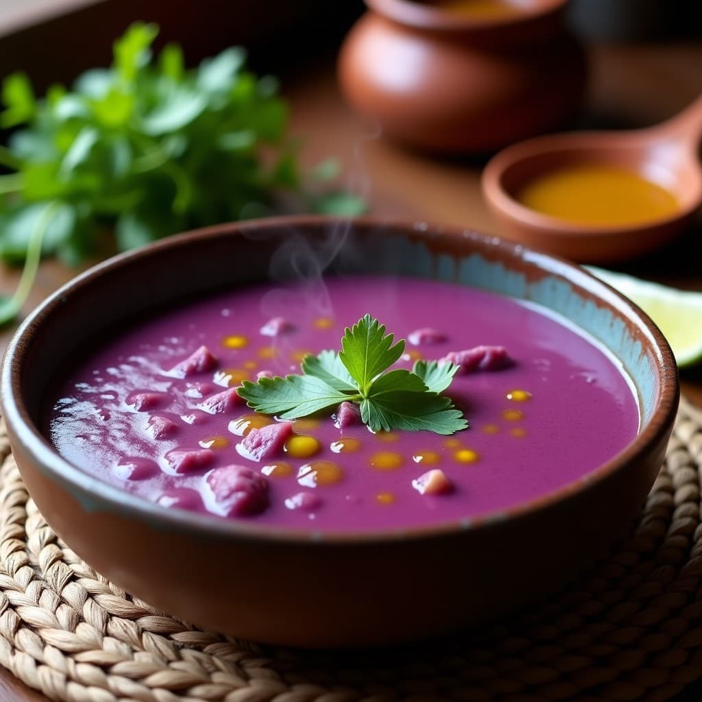 Tazón de sopa de batuata y jengibre vegana en olla exprés, con color violeta intenso, decorada con cilantro fresco y un hilo de aceite de oliva, servida en un plato rústico de barro.