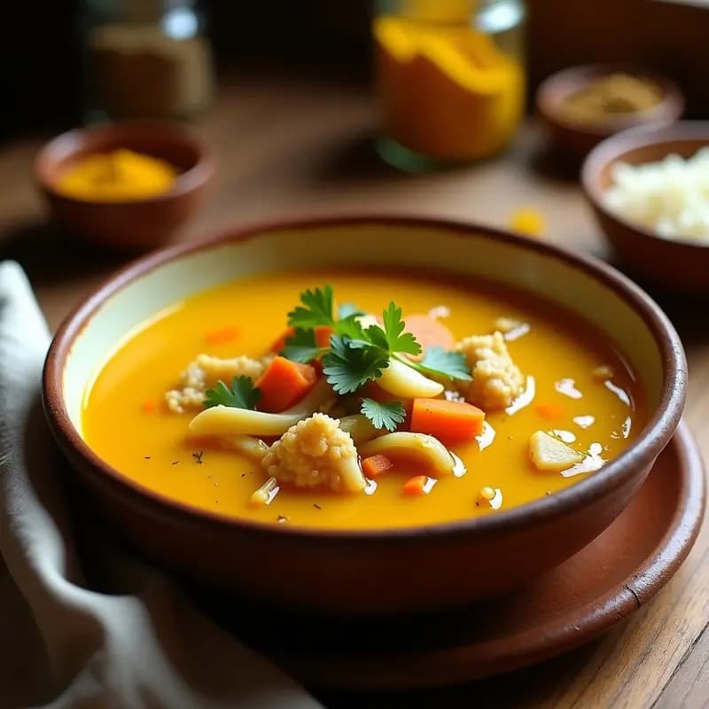 Plato hondo de barro con sopa brasileña de yuca y pollo al cúrcuma, servida en olla express. Trozos dorados de yuca, pollo tierno, zanahoria y cilantro fresco flotando en un caldo amarillo dorado. Fondos de verduras y especias visibles.