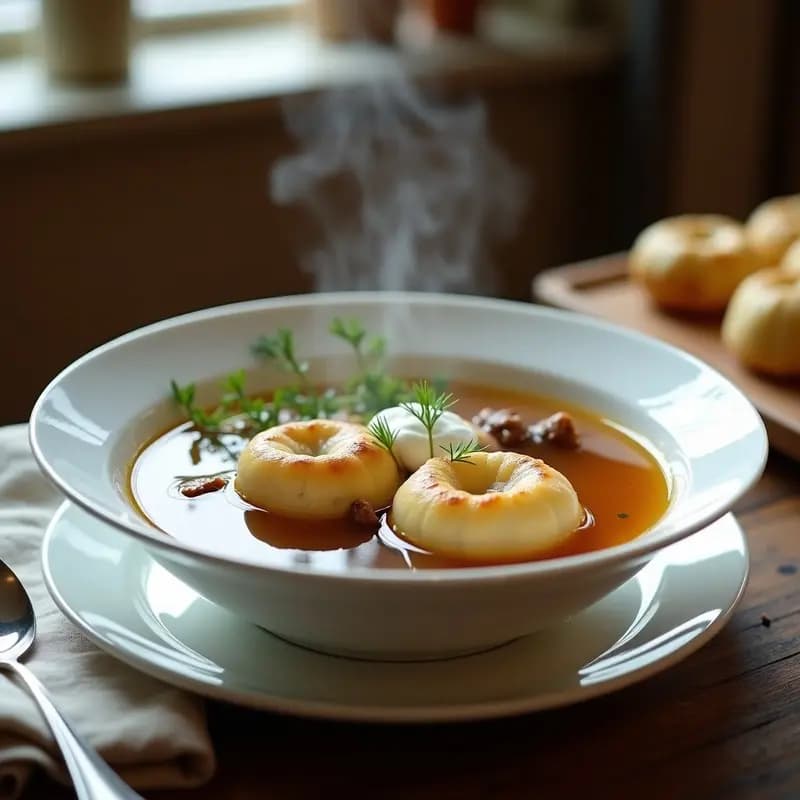 Plato hondo de cerámica blanca con sopa Bytocka polévka checa, caldo dorado y transparente con trozos de carne, dos Knedlíky dorados flotando, decorado con eneldo fresco y una cucharada de crema agria, sobre fondo rústico de madera.