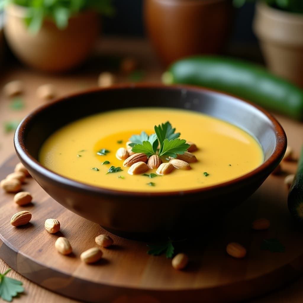 Cuenco hondo de cerámica oscura con sopa africana de cacahuete y calabacín, textura cremosa y color beige dorado, decorada con perejil fresco y un hilo de aceite de oliva, sobre fondo rústico de madera con especias en grano y cacahuetes tostados alrededor.