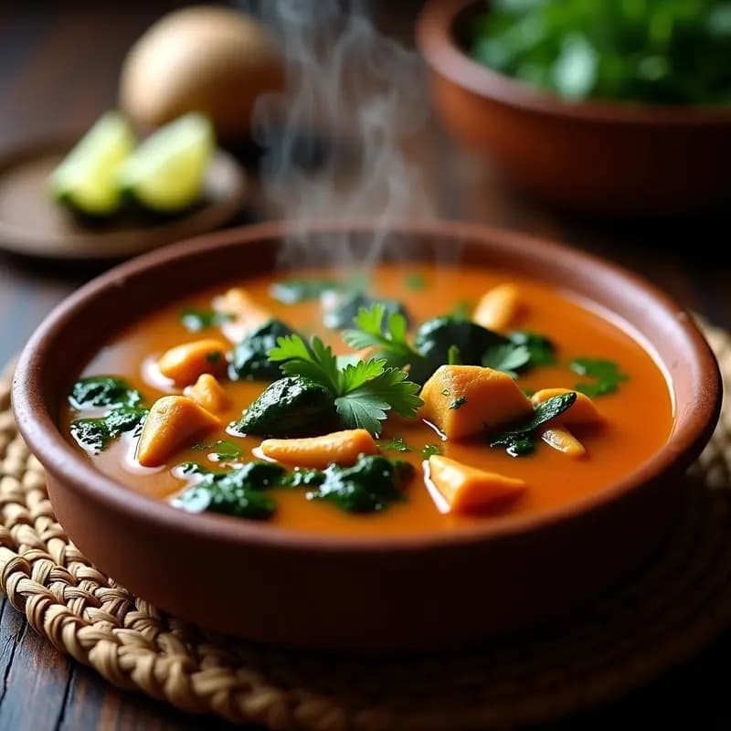Olla de barro humeante con sopa de cacahuete y pollo África Occidental, de color dorado intenso, trozos de pollo tierno, espinacas verdes y un toque de aceite de palma en la superficie. Acompañada de cilantro fresco y rodajas de limón al lado.