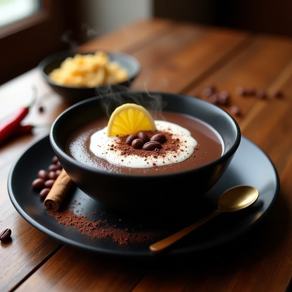 Tazón de cerámica negra con sopa de cacao y jengibre con chiles, espuma cremosa en superficie, decorado con cacao molido y rodaja de jengibre fresco, fondo rústico con especias y granos de cacao.